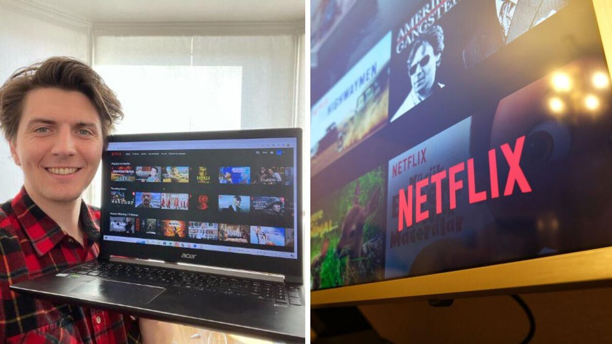 Tristan Wheeler with his laptop. Right: A TV screen with Netflix on it.