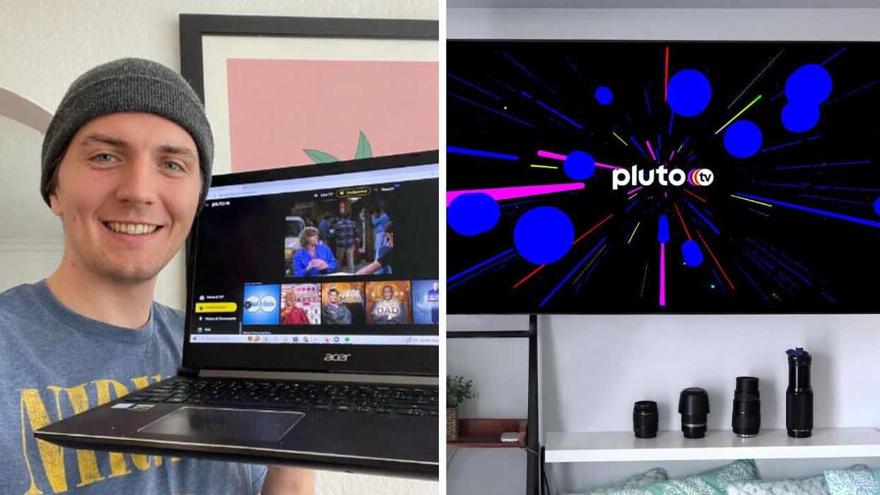 Tristan Wheeler with his laptop. Right: Pluto TV on a television screen.