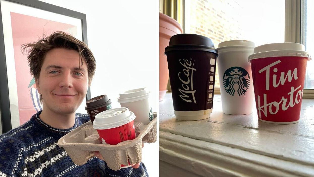 Tristan Wheeler with the coffee. Right: Coffees from McDonald's, Starbucks and Tim Hortons.