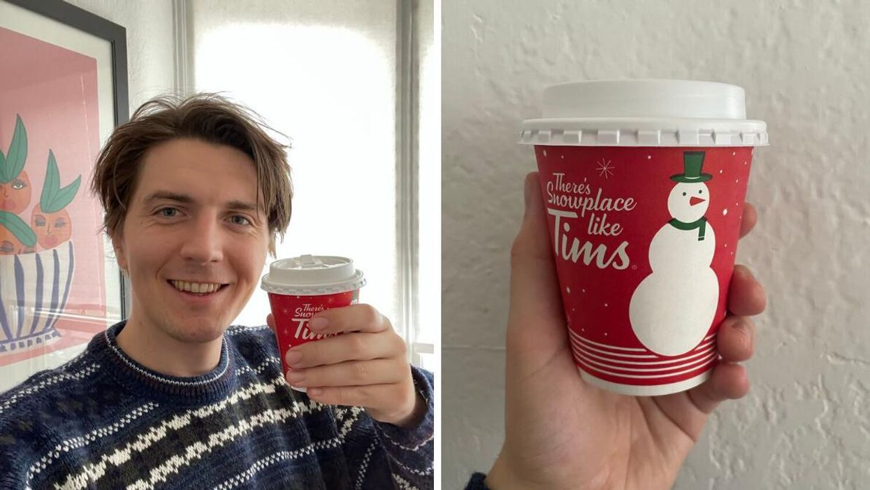 Tristan with a Tim Hortons hot chocolate. Right: One of the Tim Hortons drinks.