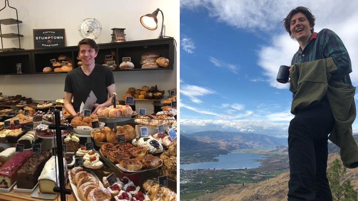 Tristan working at a cafe and bakery. Right: Tristan drinking coffee on a mountain.