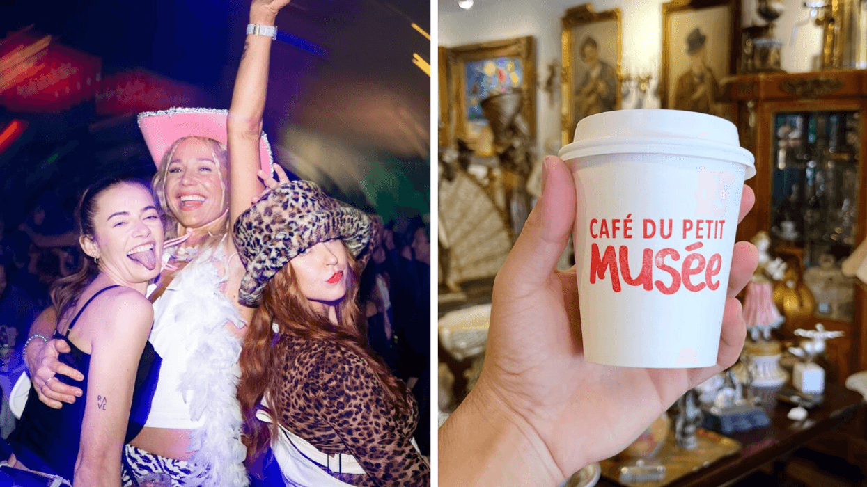 Trois personnes à un party R&B. Droite : Une main tenant un café au café du petit musée à Montréal.