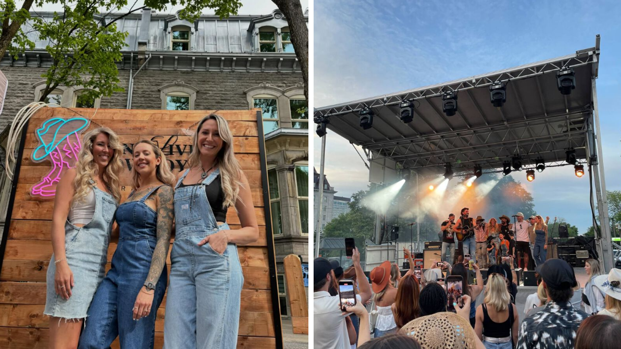 Trois personnes au kiosque de Long live cowboys hat. Droite : Un spectacle extérieur.