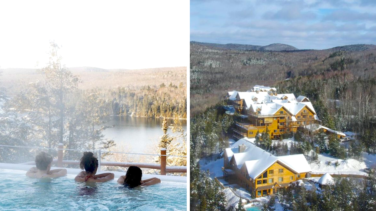 Trois personnes dans un spa, face à un lac. Droite : L'Hôtel spa Sacacomie.
