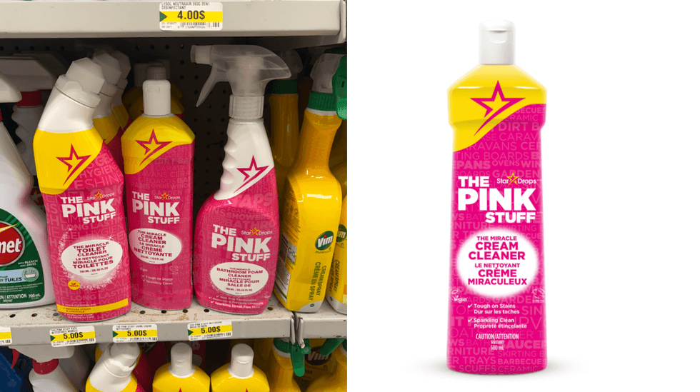 Trois produits The Pink Stuff \u00e0 5 $ chacun sur les tablettes du Dollarama. Droite : La cr\u00e8me nettoyante miracle The Pink Stuff sur le site de Walmart \u00e0 7,97 $.