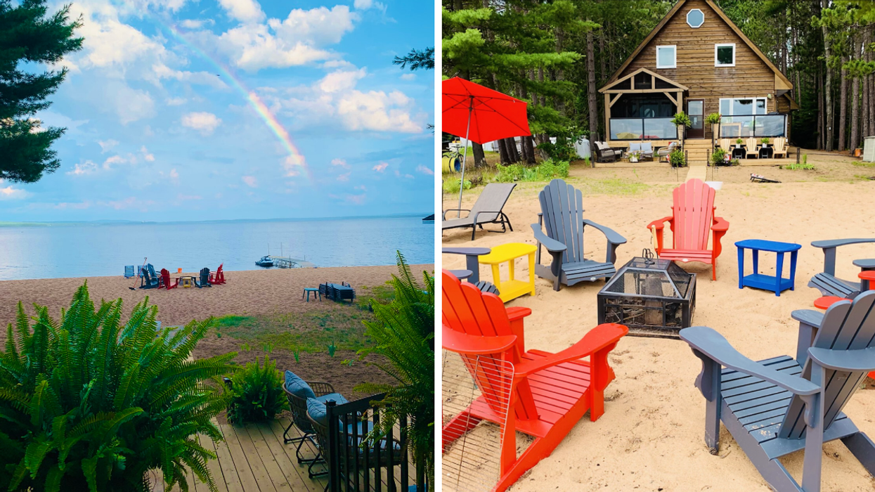 Tropical beach cottage backyard. Right: Cottage and campfire on the beach in Ontario.