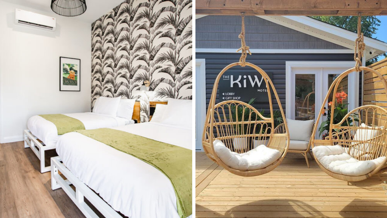 Tropical beach themed hotel room. Right: Hanging basket chairs on a patio.
