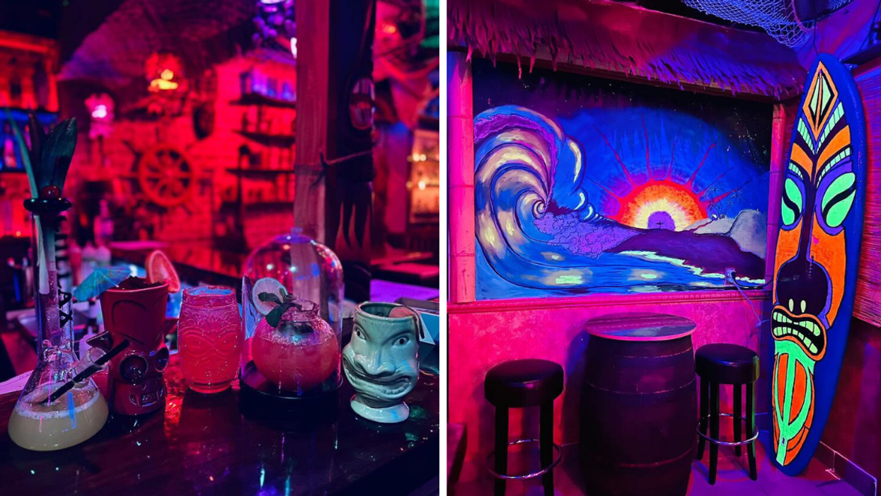 Tropical cocktails in unique island glassware. Right: Hawaiian mask surf board and barrel table.