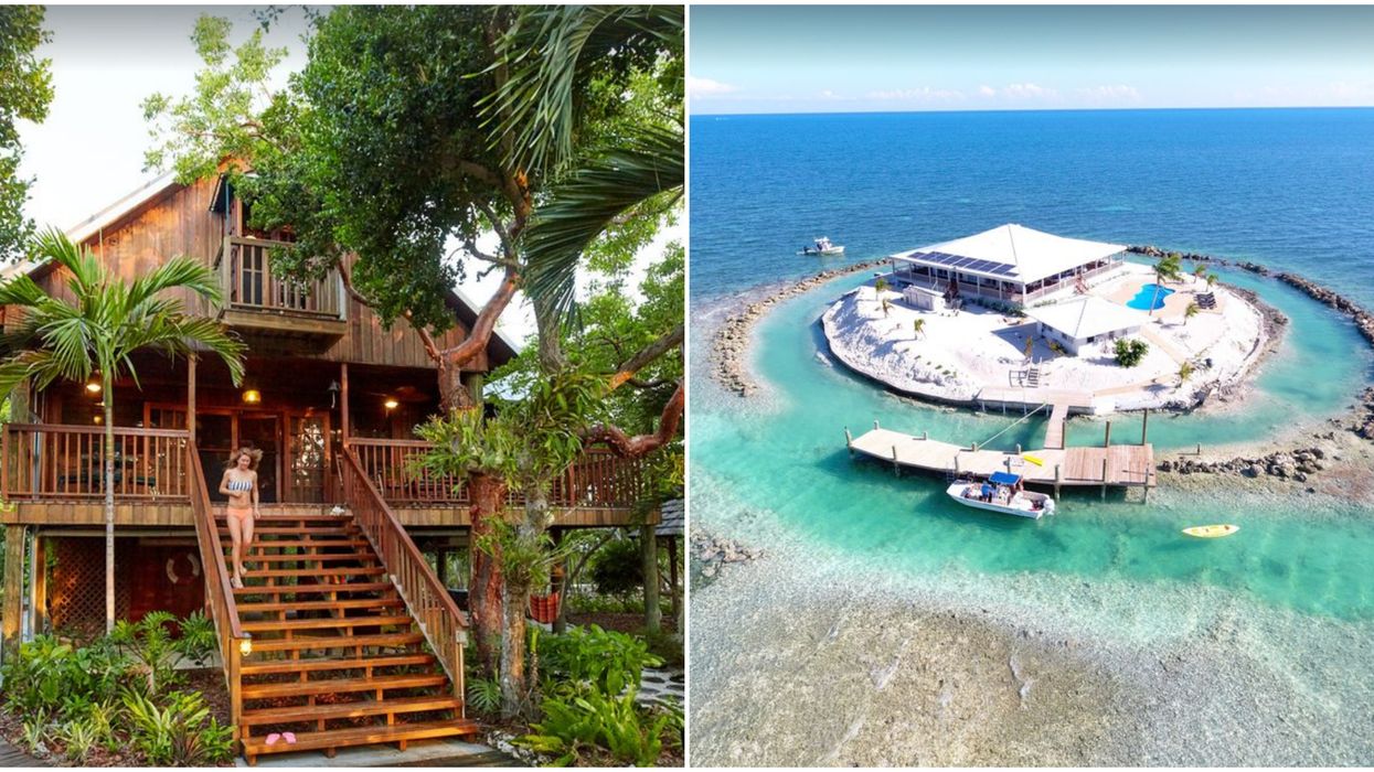 Tropical house at Seabird Key. Right: Private island to rent in Marathon, FL.