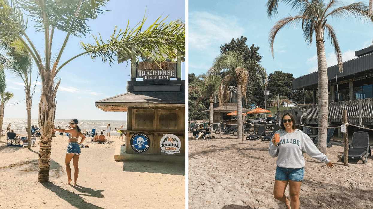 Tropical palm trees outside of The Beach House restaurant in Port Dover.