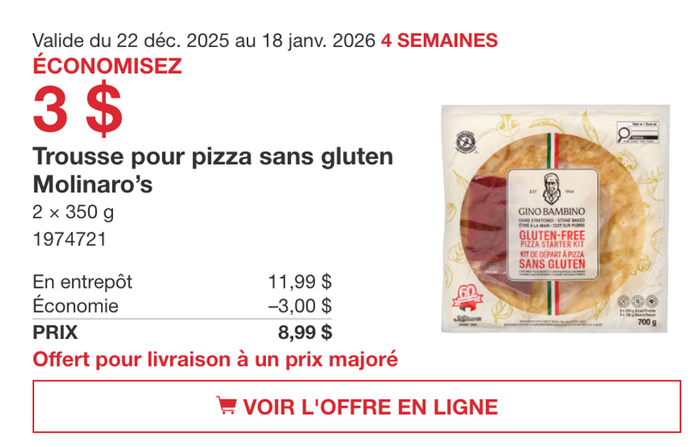 Trousse pour pizza sans gluten Molinaro\u2019s 2 x 350 g sur le site de Costco.