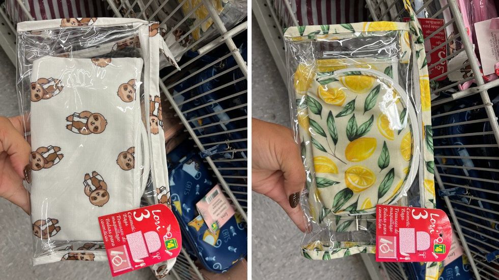 Trousses de produits diverses avec des dessins de paresseux. Droite : Trousses de produits diverses avec des dessins de citrons.