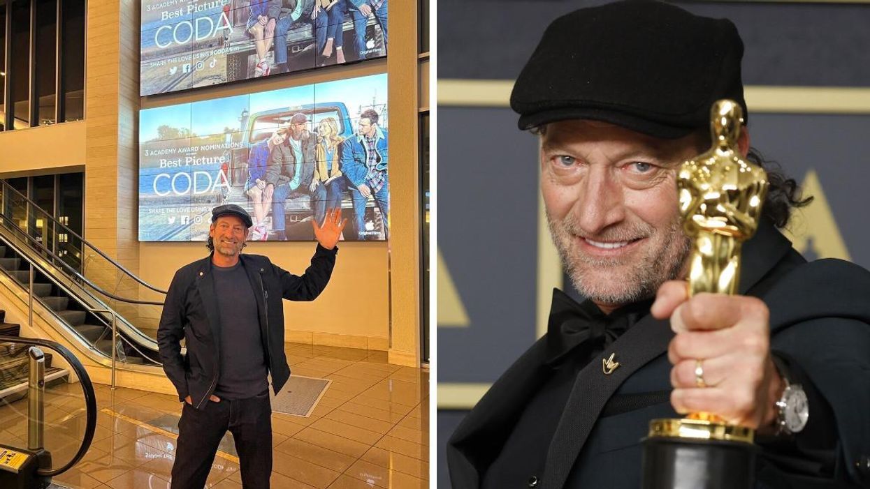 Troy Kotsur in front of a 'CODA' sign. Right: Troy Kotsur with his Oscar at the Academy Awards.