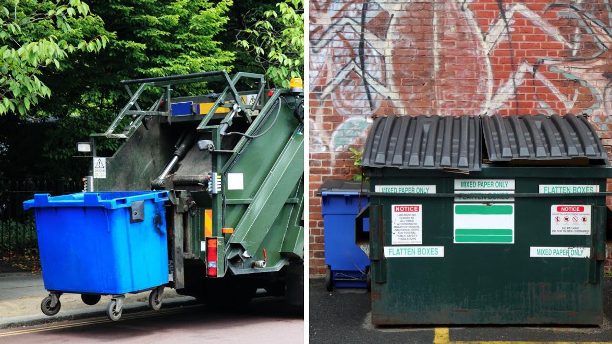 Truck picking up recycling bin. Right: Recycling dumpster in an alley.