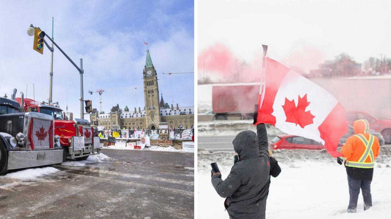Trucks in front of Parliament. Right: Protestor with Canadian flag by a snowy road.