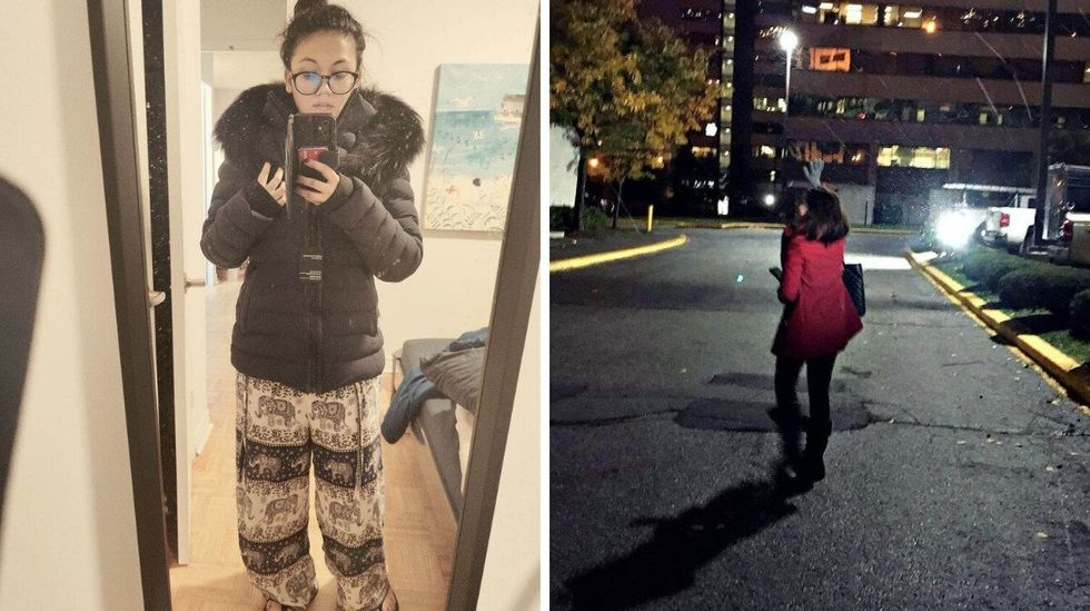 Trying out a new coat. Right: My first snow in Canada.