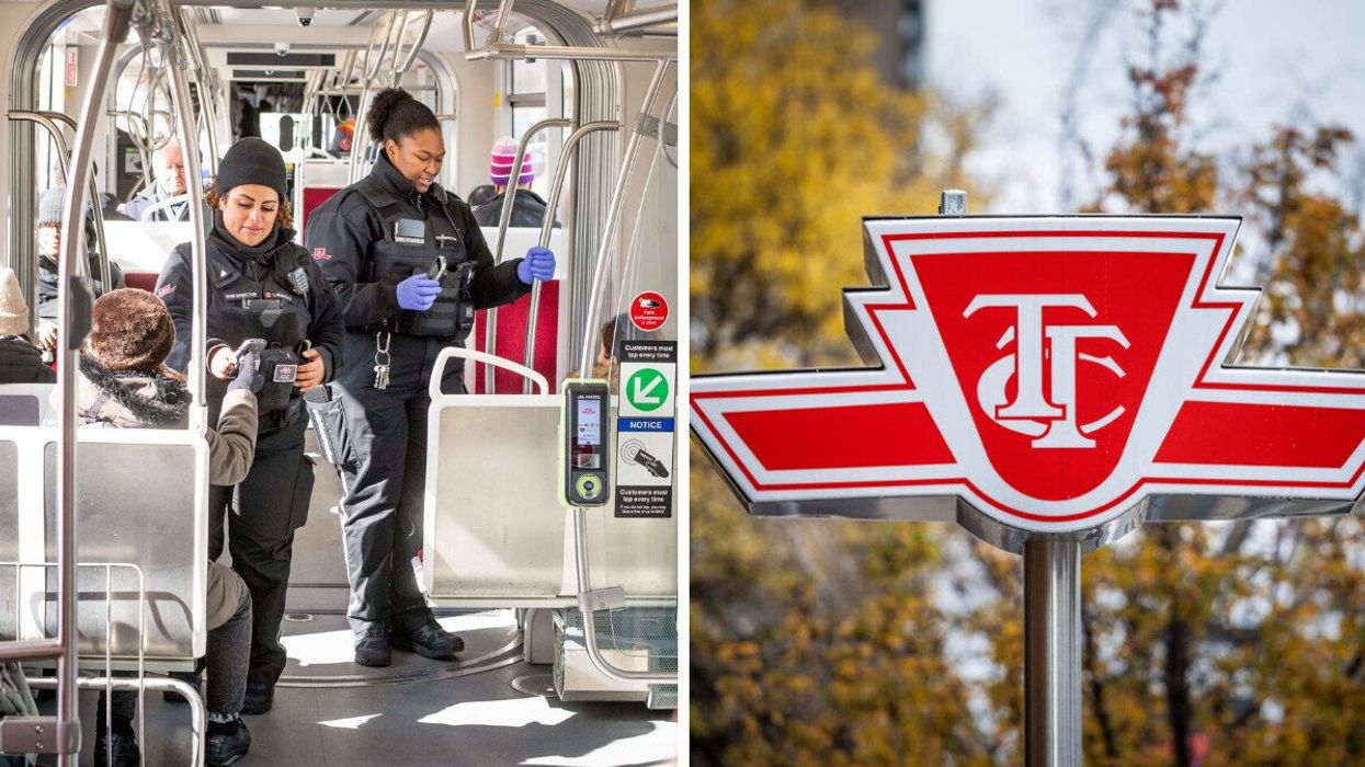 TTC fare inspectors on a streetcar. Right: A TTC sign.