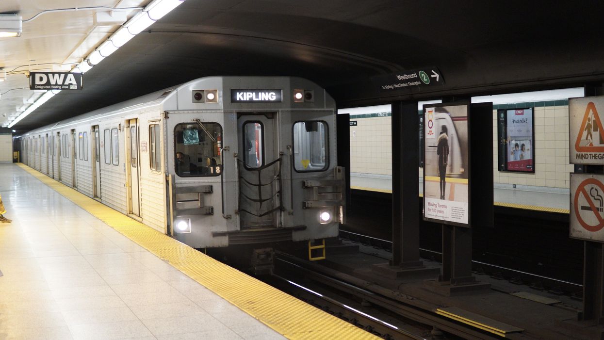 ttc line 2 subway train arriving at christie station in toronto