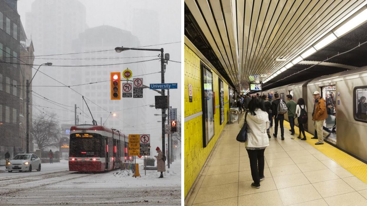 TTC Streetcar in the snow. Right: People walking off a TTC subway train and onto the platform.