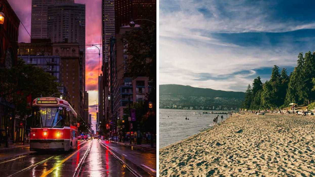 ttc streetcar on toronto street at sunset after rain. right: people on beach in vancouver