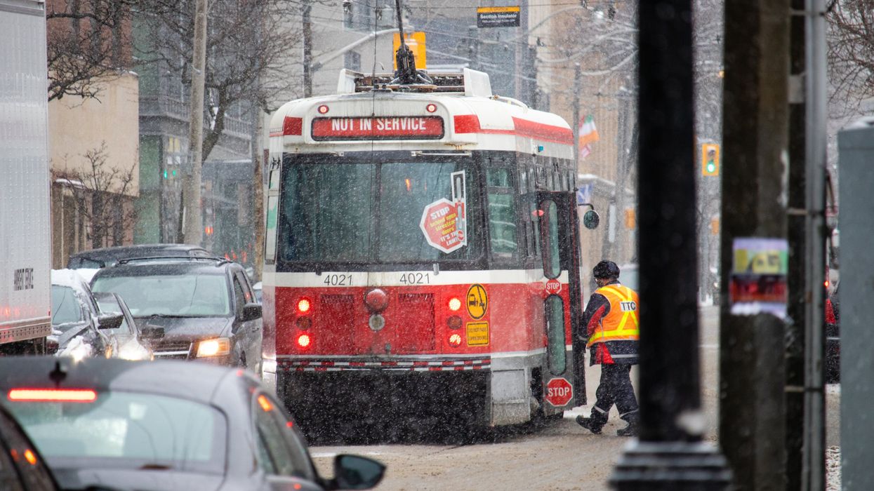TTC streetcar with a sign reading "not in service" (illustrative).