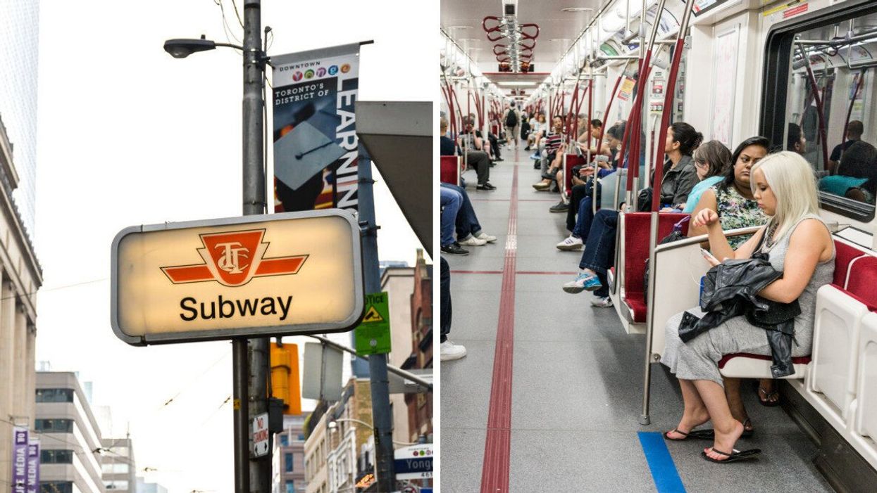 TTC Subway sign. Right: People sitting on the TTC.
