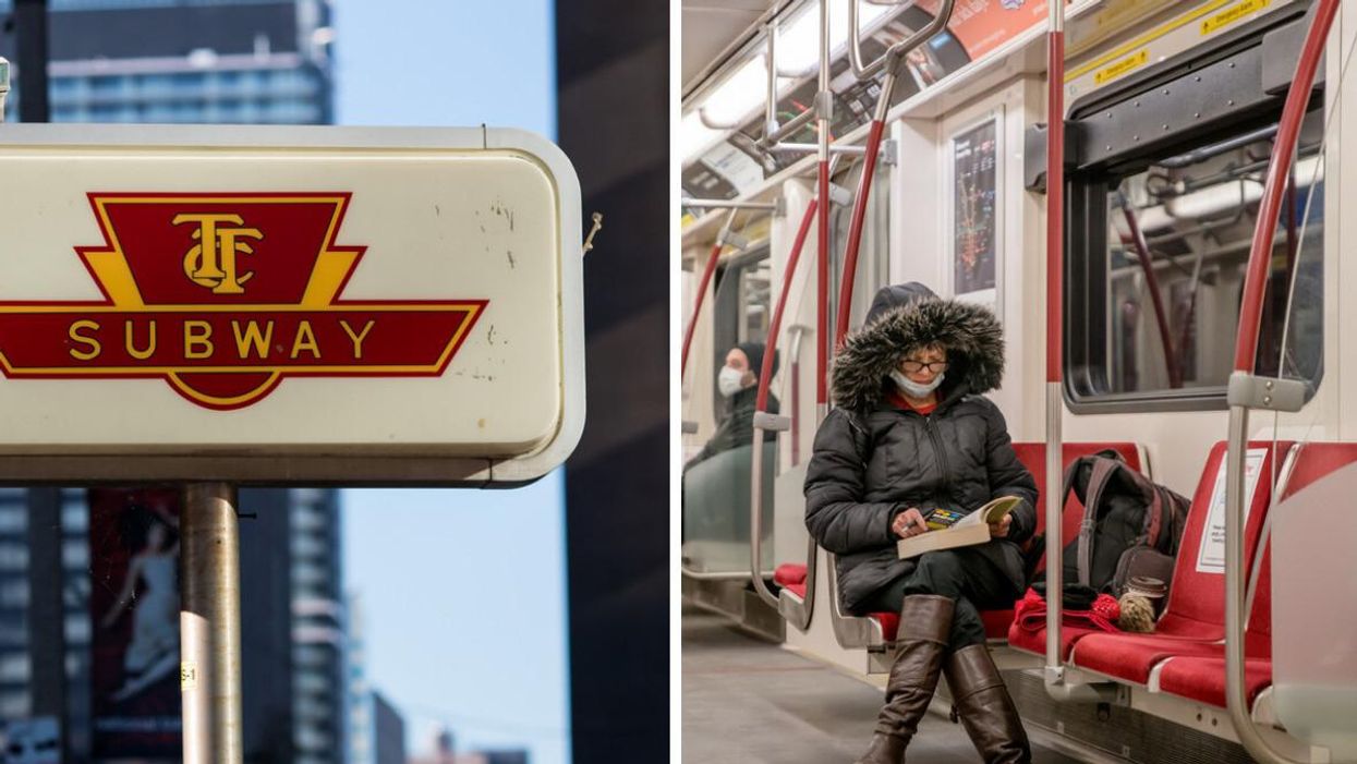 TTC subway sign. Right: Person sitting on the subway.