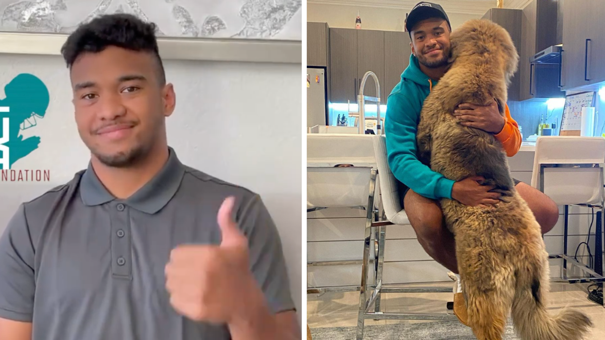 Tua Tagovailoa. Right: Tua Tagovailoa and his dog.