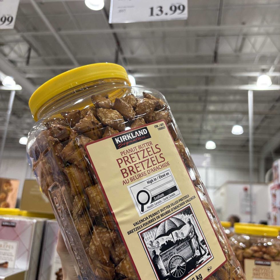 tub of Kirkland Signature peanut butter pretzels at costco