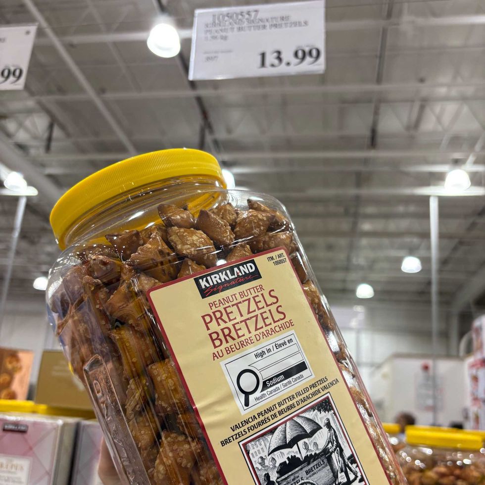 tub of Kirkland Signature peanut butter pretzels