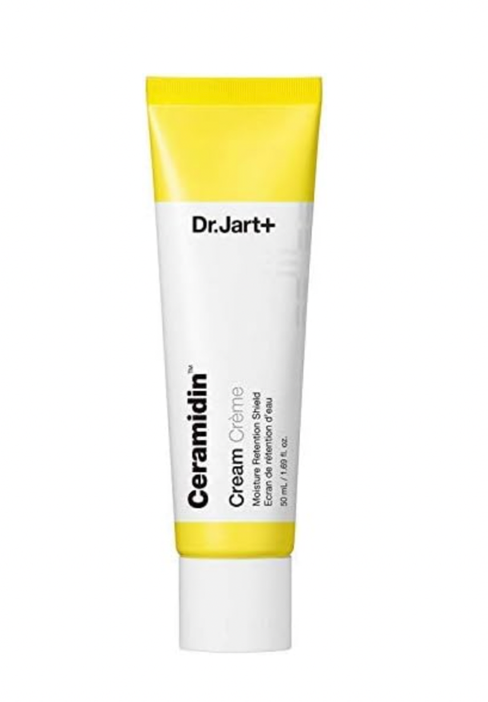 Tube de cr\u00e8me jaune et blanc Ceramidin de la marque \u200bDr. Jart+.