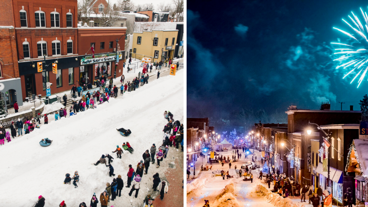 Tubing hill on a small town street. Right: Fireworks over a winter festival.