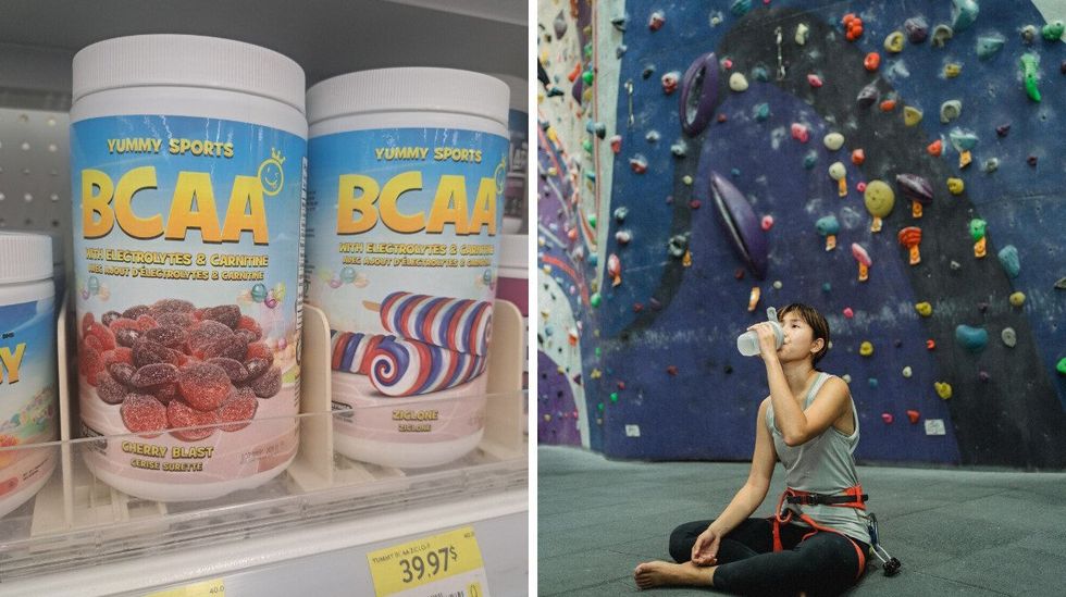 Tubs of BCAA on the shelf at Walmart. Right: A person drinks while resting at the climbing gym.