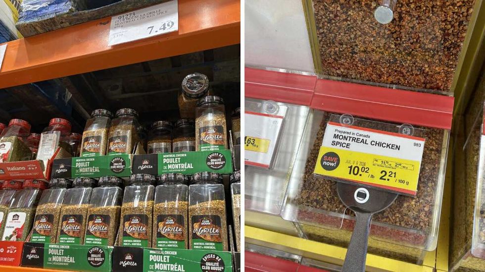 tubs of Club House Montreal chicken spice at Costco. Right: bin of Montreal chicken spice at Bulk Barn.