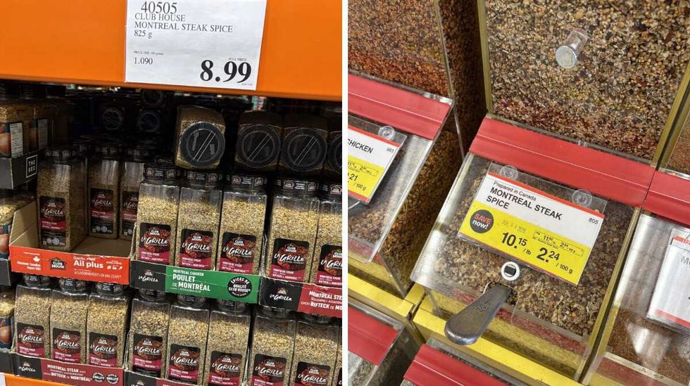 tubs of Club House Montreal steak spice at Costco. Right: bin of Montreal steak spice at Bulk Barn.