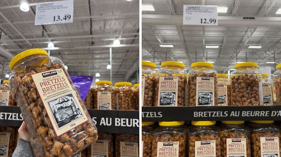 tubs of kirkland signature peanut butter pretzels at costco in 2025 and 2024