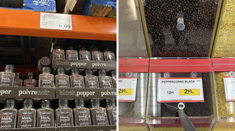 tubs of Kirkland Signature whole black peppercorns at Costco. Right: bin of Black peppercorns at Bulk Barn.