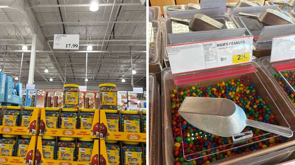 tubs of Peanut M&M's at Costco. Right: bin of Peanut M&M's at Bulk Barn.