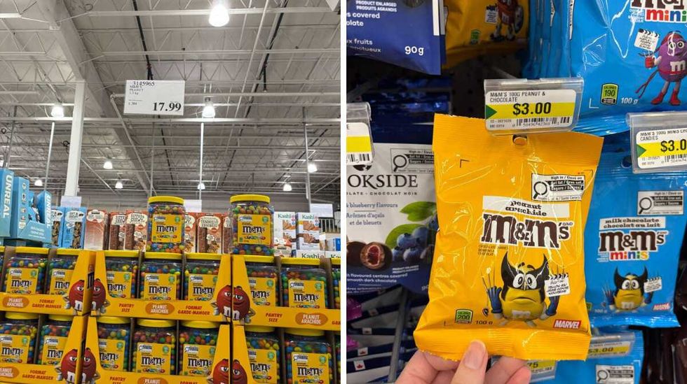 tubs of peanut M&M's at Costco. Right: person holding bag of peanut M&M's at Dollarama.