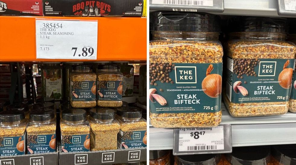 tubs of the keg steak seasoning at costco. right: tubs of the keg steak seasoning on shelf at walmart