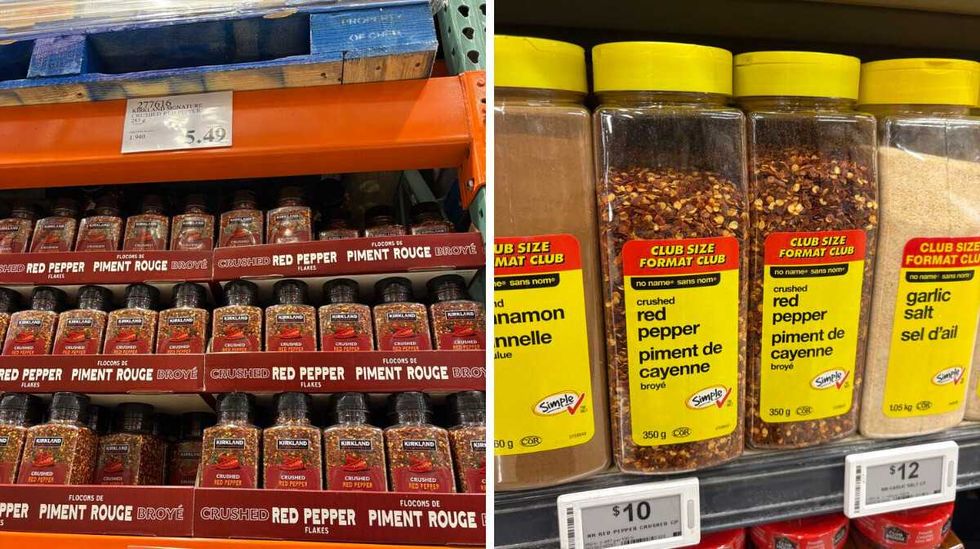 tubs of \u200bKirkland Signature crushed red pepper flakes. Right: tubs of No Name crushed red pepper flakes.
