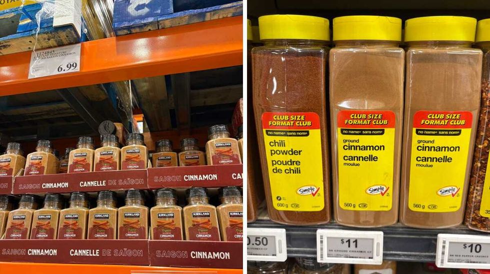 tubs of \u200bKirkland Signature ground cinnamon. Right: tubs of No Name ground cinnamon.