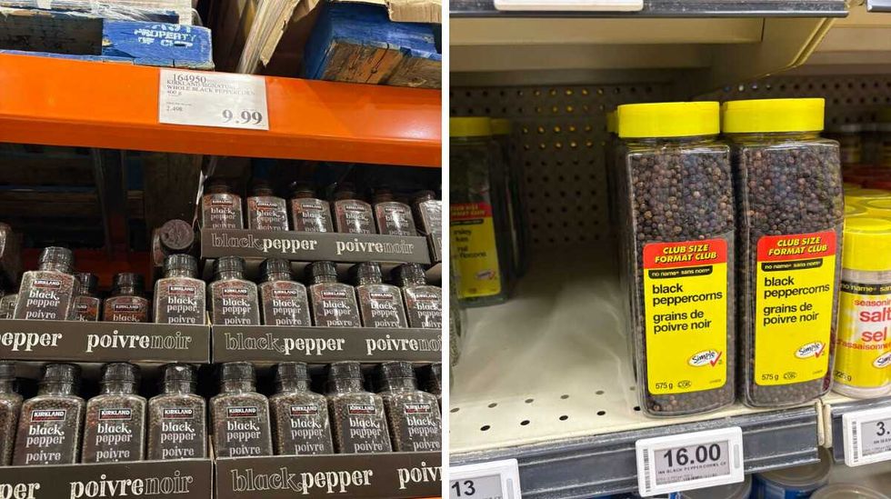 tubs of \u200bKirkland Signature whole black peppercorns. Right: tubs of No Name whole black peppercorns.