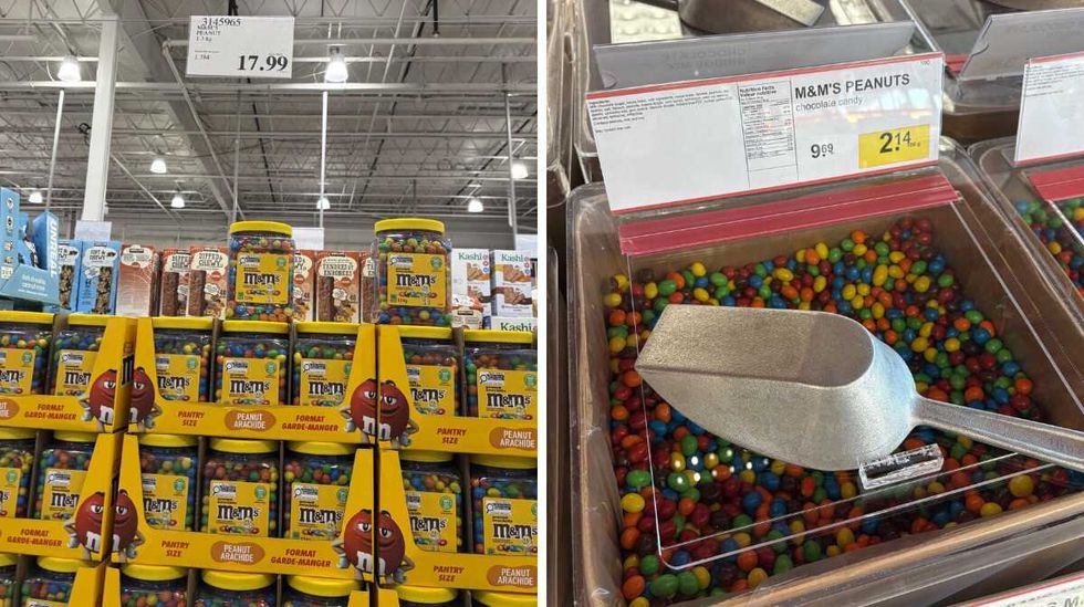 tubs of \u200bPeanut M&M's at Costco. Right: bin of Peanut M&M's at Bulk Barn