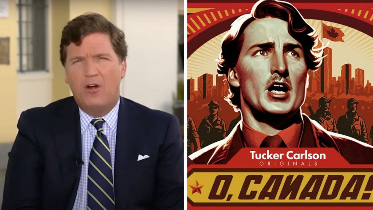 Tucker Carlson in the documentary 'O Canada!' Right: A promotional poster for the documentary.