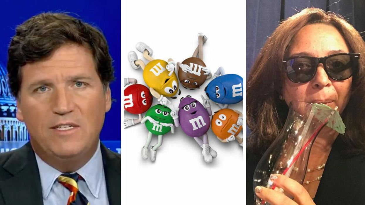 Tucker Carlson. Middle: The M&M's mascots. Right: Maya Rudolph.
