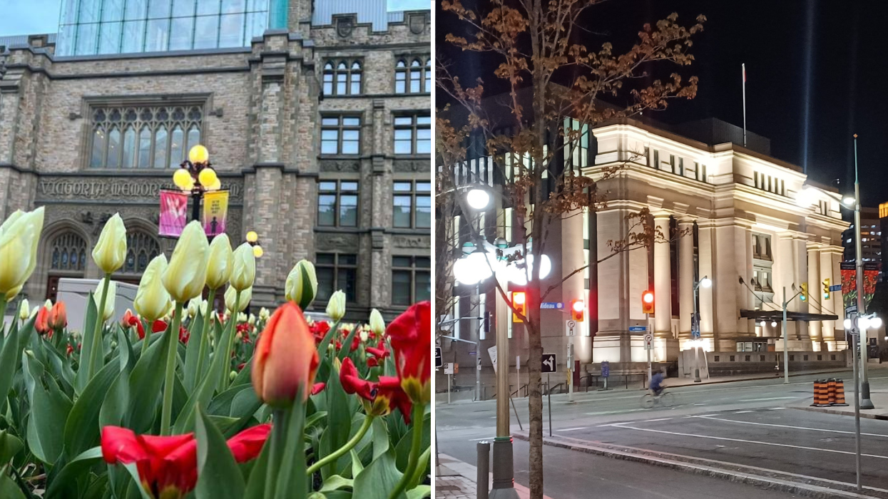 Tulips in front of the Natural History Museum in Ottawa. Right: The Canadian Senate at night.