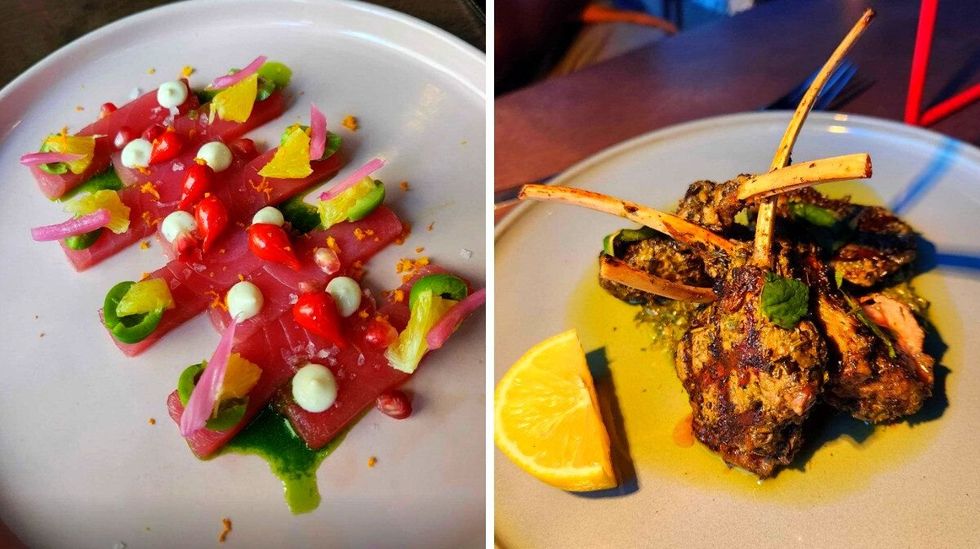 Tuna Crudo. Right: Lamb chops.