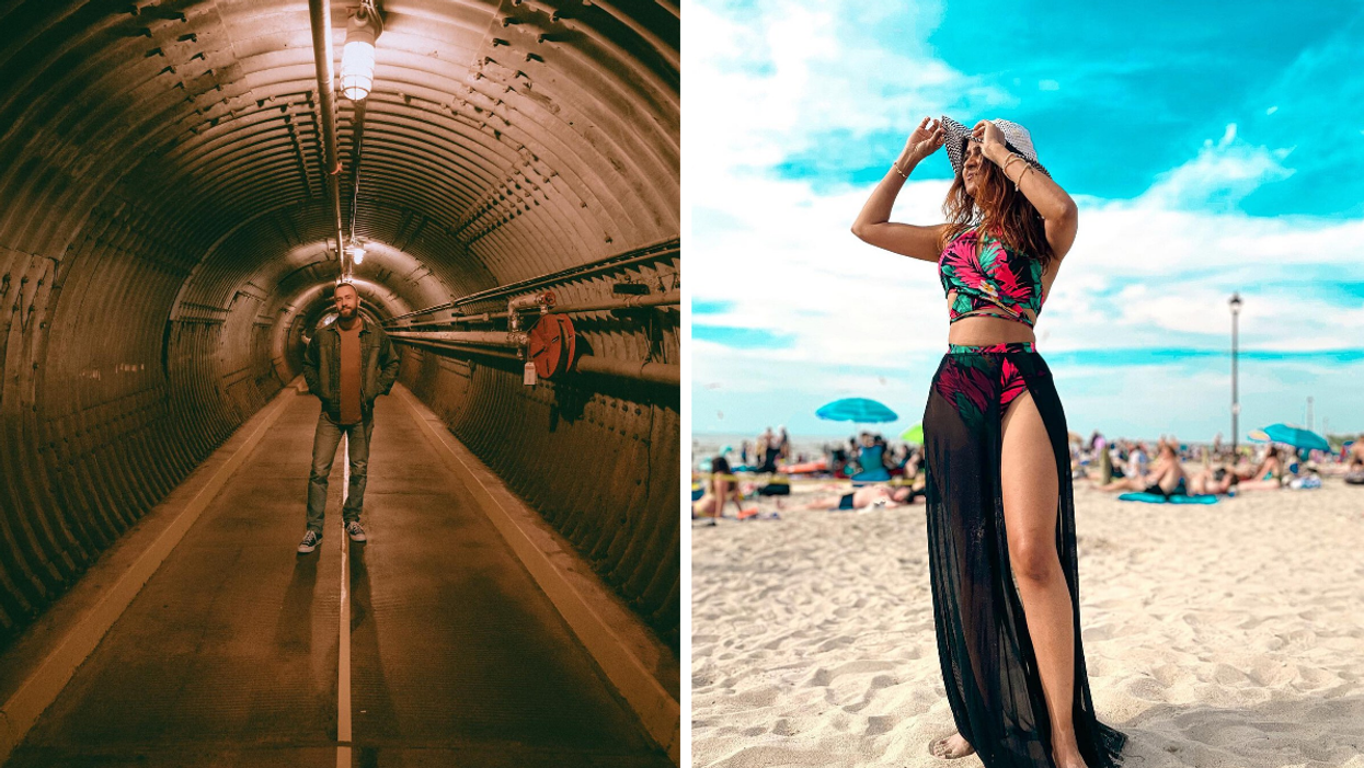 Tunnel in the Diefenbunker Cold War Museum. Right: Someone posing on Wasaga Beach.