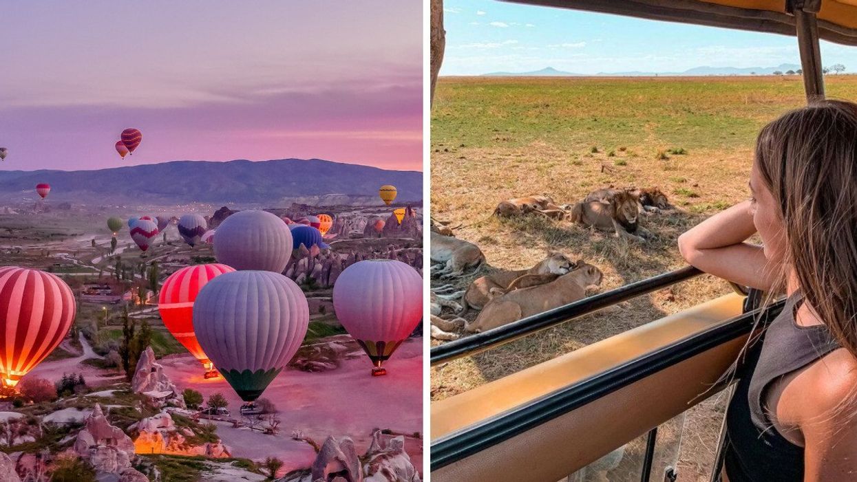 Türkiye's hot air balloon festival. Right: A woman watches lions while on safari.